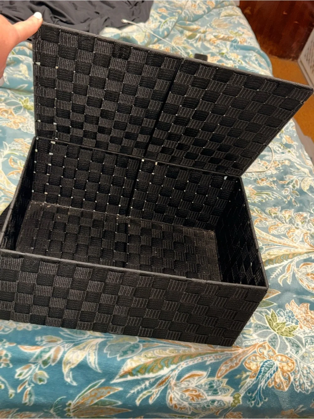 Black Woven Fabric Storage Box Wire Frame Organizer Bin With Attached Lid Handle